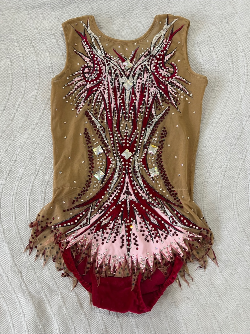 Embellished Tan and Burgundy Rhythmic Leotard